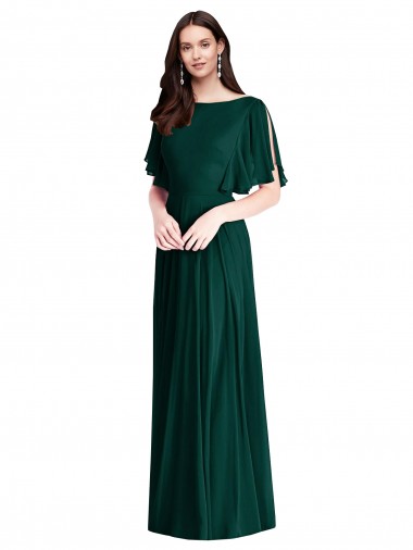 V-Back Ever Green A-Line Bateau Neck Long Semi Formal Evening Dress Canada Online