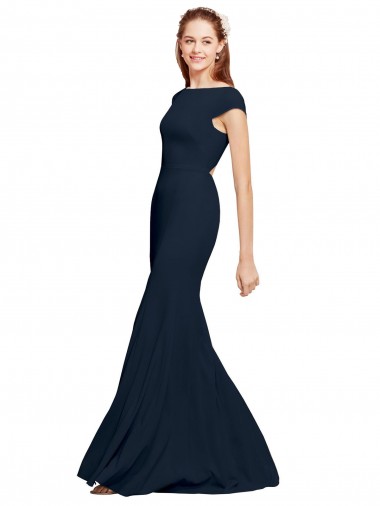 Open Back Dark Navy A-Line Boat Neck Long Formal Evening Dress Canada Online