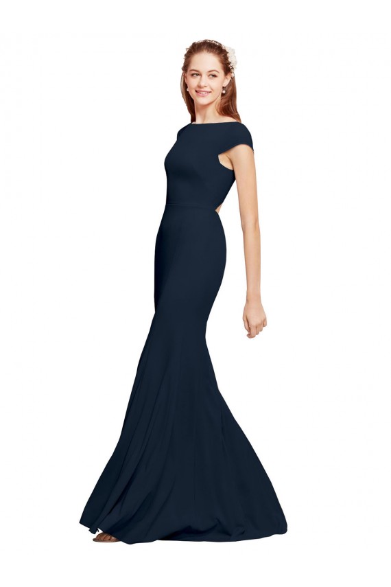Open Back Dark Navy A-Line Boat Neck Long Formal Evening Dress Canada Online
