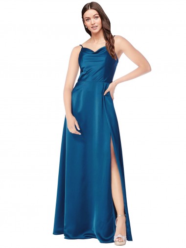 Low Back Peacock Blue A-Line Cowl Neck Long Formal Evening Dress Canada Online
