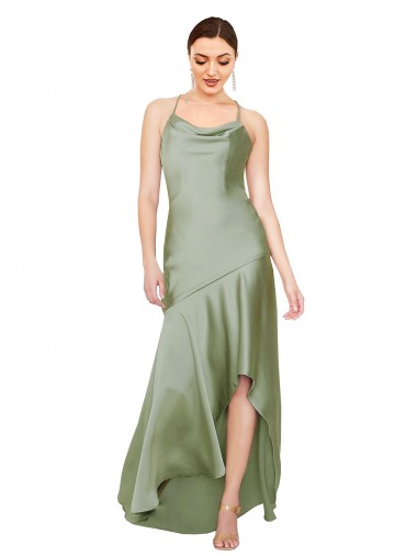 Open Back Smoke Green A-Line Cowl Neck Long High Low Evening Dress Canada Online
