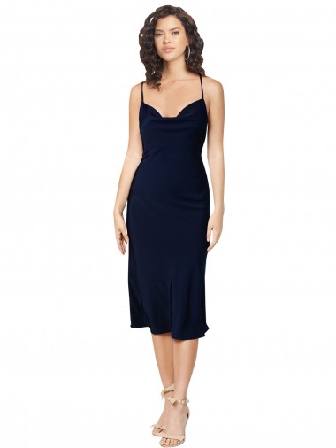 Open Back Dark Navy A-Line Cowl Neck Midi Length Formal Evening Dress Canada Online