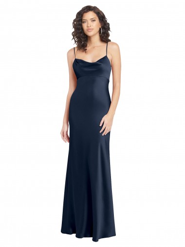 Open Back Dark Navy A-Line Cowl Neck Long Black Tie Evening Dress Canada Online