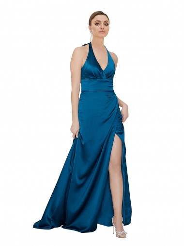 Open Back Peacock Blue A-Line Halter Neck Long Formal Evening Dress Canada Online