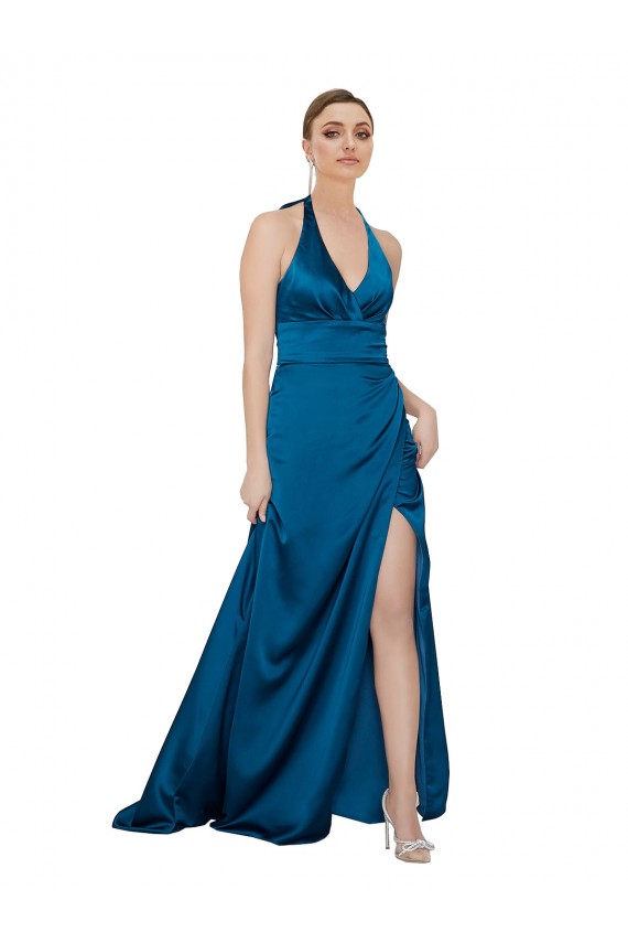 Open Back Peacock Blue A-Line Halter Neck Long Formal Evening Dress Canada Online