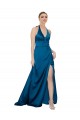 Open Back Peacock Blue A-Line Halter Neck Long Formal Evening Dress Canada Online