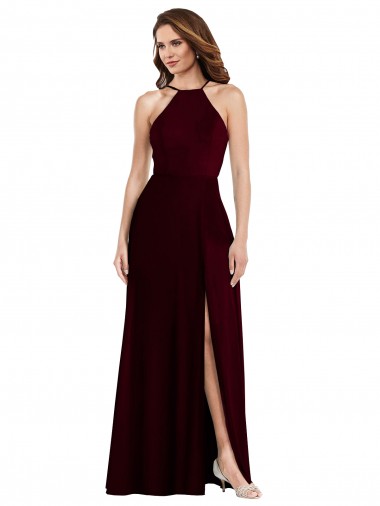 Low Back Burgundy Gold A-Line Halter Neck Long Semi Formal Evening Dress Canada Online