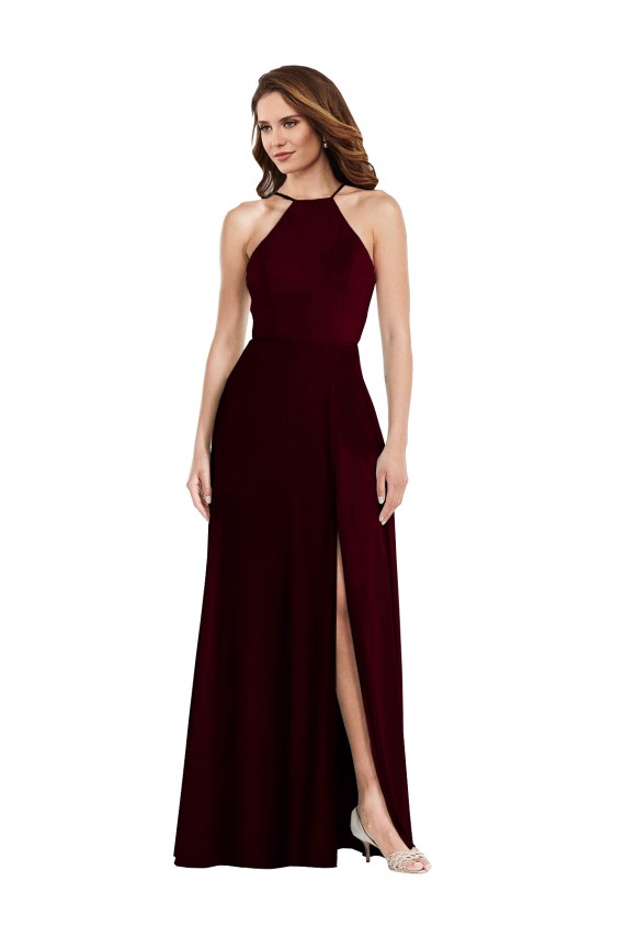 Low Back Burgundy Gold A-Line Halter Neck Long Semi Formal Evening Dress Canada Online