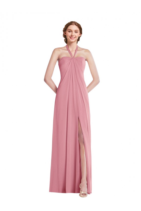 Open Back Skin Pink A-Line Halter Neck Long Semi Formal Evening Dress Canada Online