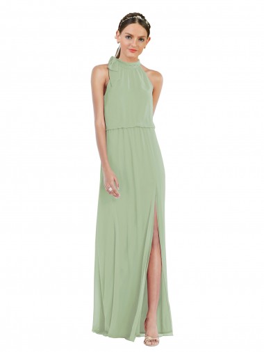 Smoke Green A-Line High Neck Long Semi Formal Evening Dress Canada Online