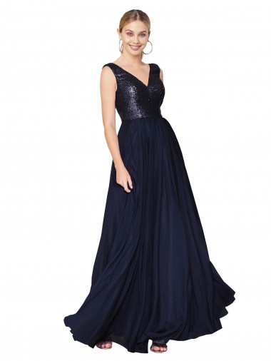 V-Back Dark Navy A-Line High Neck Long Semi Formal Evening Dress Canada Online