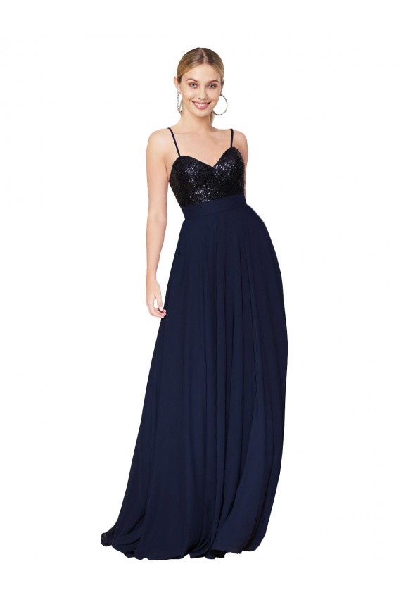 Dark Navy A-Line High Neck Long Semi Formal Evening Dress Canada Online