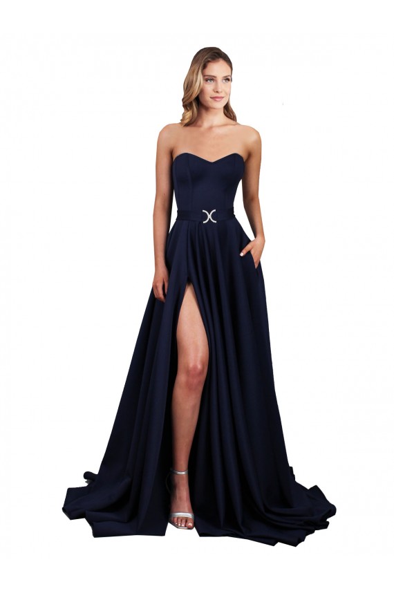 Low Back Dark Navy A-Line High Neck Long Formal Dress Canada Online