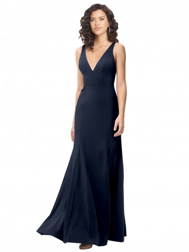 V-Back Dark Navy A-Line High Neck Long Formal Dress Canada Online