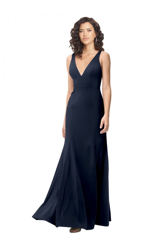 V-Back Dark Navy A-Line High Neck Long Formal Dress Canada Online