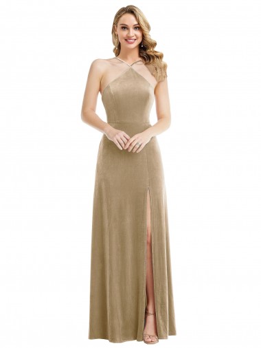 Open Back Champagne A-Line High Neck Long Semi Formal Evening Dress Canada Online