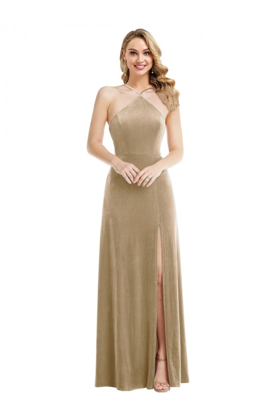 Open Back Champagne A-Line High Neck Long Semi Formal Evening Dress Canada Online