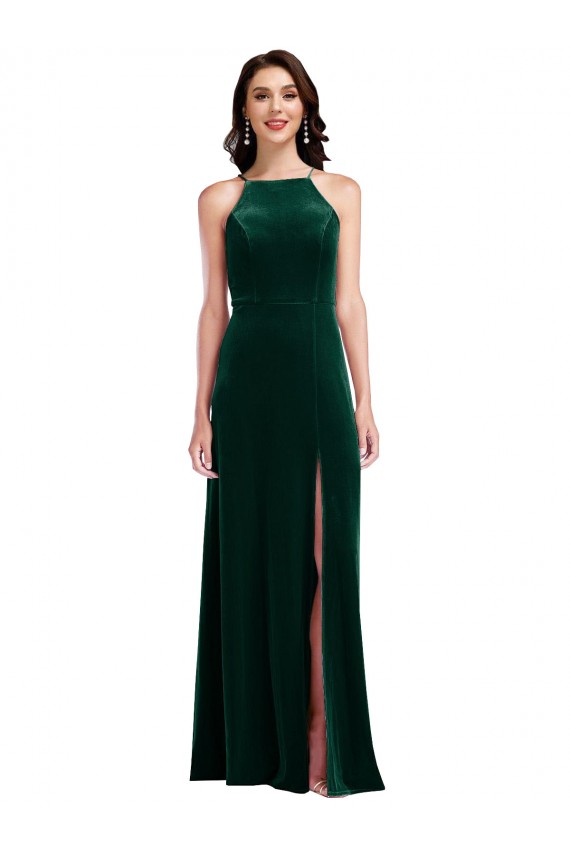 Dark Green A-Line High Neck Long Semi Formal Evening Dress Canada Online