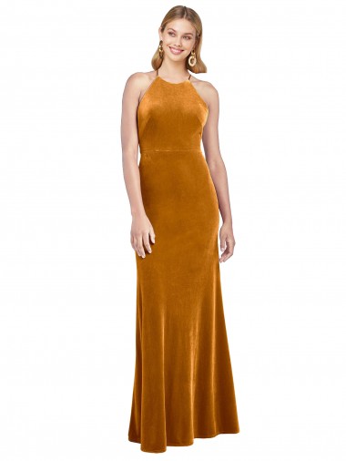 Open Back Gold A-Line High Neck Long Formal Evening Dress Canada Online
