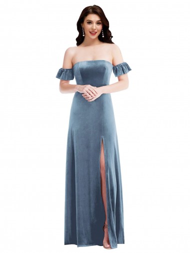 Low Back Dusty Blue A-Line Off the Shoulder Long Formal Dress Canada Online