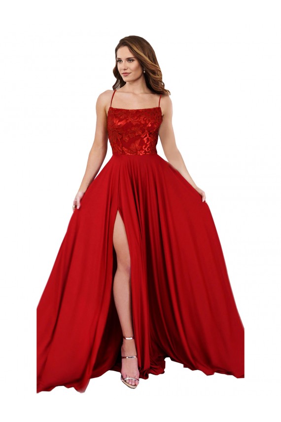Open Back Red A-Line Square Neck Long Semi Formal Evening Dress Canada Online