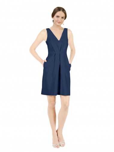 Open Back Dark Navy A-Line V-Neck Knee Length Evening Dress Canada Online