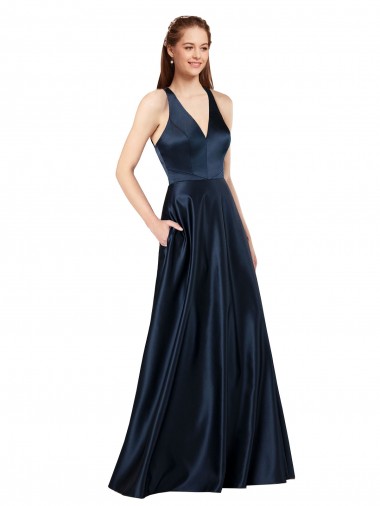 Keyhole Back Dark Navy A-Line V-Neck Long Formal Evening Dress Canada Online