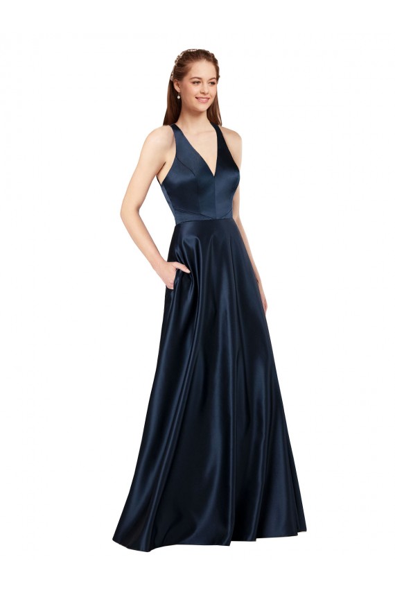 Keyhole Back Dark Navy A-Line V-Neck Long Formal Evening Dress Canada Online