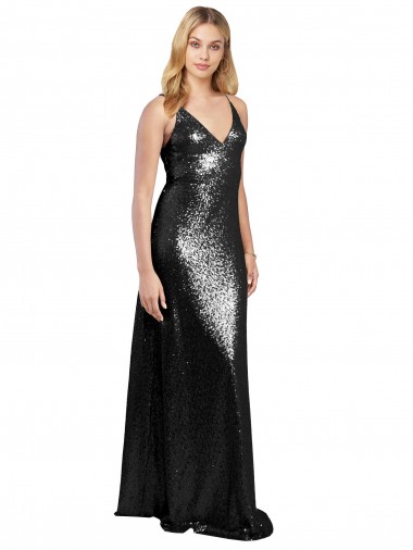 V-Back Black A-Line V-Neck Sleeveless Long Formal Evening Dress Canada Online