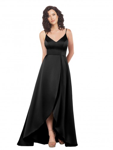 V-Back Black A-Line V-Neck Long High Low Evening Dress Canada Online