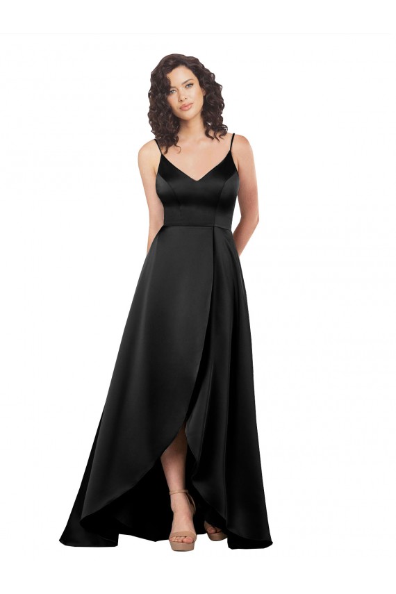 V-Back Black A-Line V-Neck Long High Low Evening Dress Canada Online