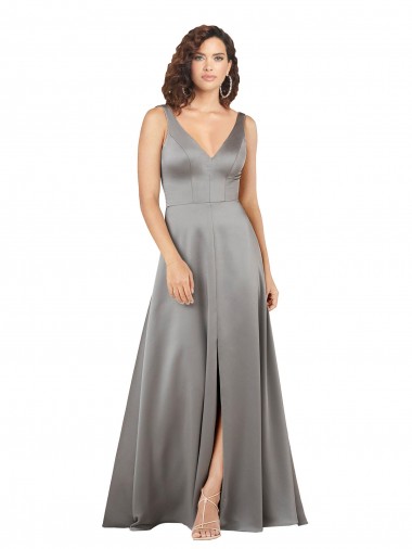 Pearl Grey A-Line V-Neck Long Formal Evening Dress Canada Online