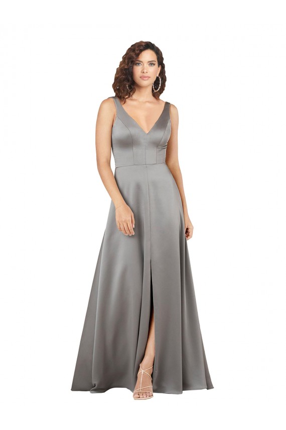 Pearl Grey A-Line V-Neck Long Formal Evening Dress Canada Online