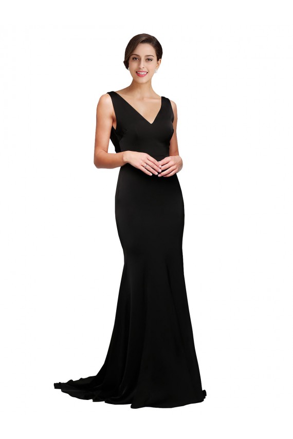 Low Back Black A-Line V-Neck Sweep Train Formal Evening Dress Canada Online