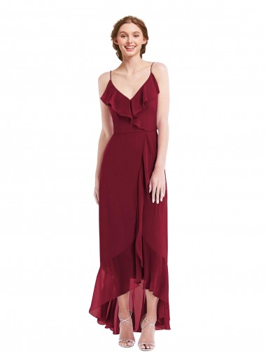 Low Back Burgundy A-Line V-Neck Long High Low Evening Dress Canada Online