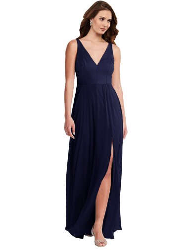 V-Back Dark Navy A-Line V-Neck Long Black Tie Evening Dress Canada Online
