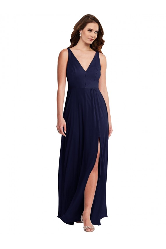 V-Back Dark Navy A-Line V-Neck Long Black Tie Evening Dress Canada Online