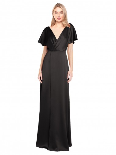 Open Back Black A-Line V-Neck Long Evening Dress Canada Online