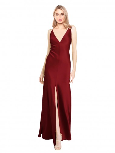 V-Back Burgundy A-Line V-Neck Long Black Tie Evening Dress Canada Online