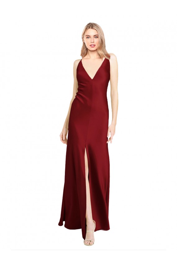 V-Back Burgundy A-Line V-Neck Long Black Tie Evening Dress Canada Online