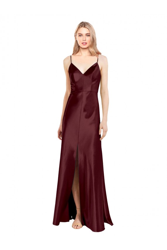 Burgundy Gold A-Line V-Neck Long Evening Dress Canada Online