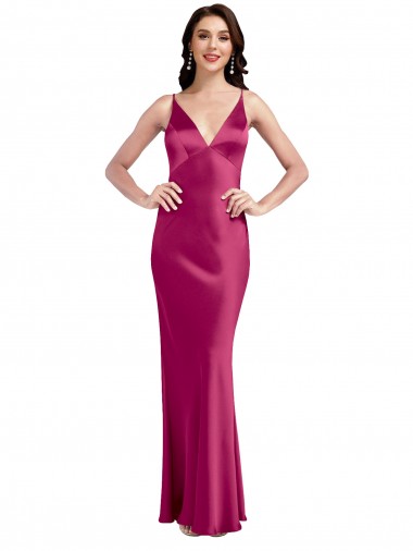 Low Back Fuchsia A-Line V-Neck Long Formal Evening Dress Canada Online