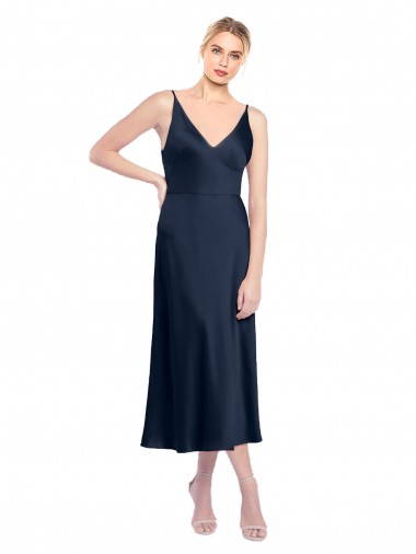V-Back Dark Navy A-Line V-Neck Sleeveless Midi Length Formal Evening Dress Canada Online