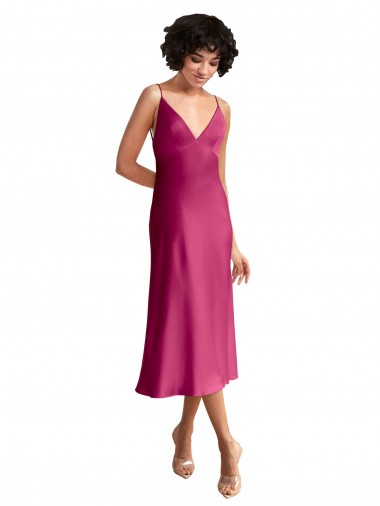 Low Back Fuchsia A-Line V-Neck Midi Length Formal Evening Dress Canada Online