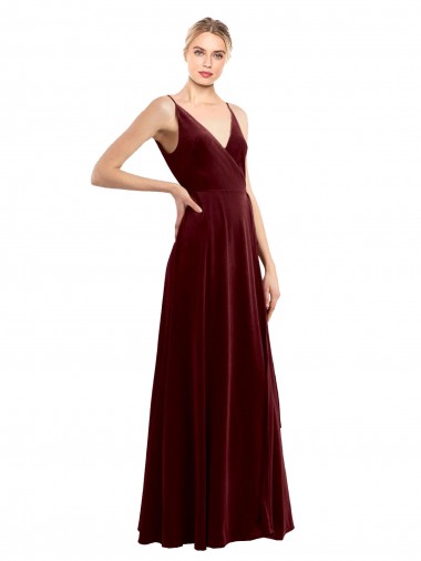 V-Back Burgundy A-Line V-Neck Long Evening Dress Canada Online