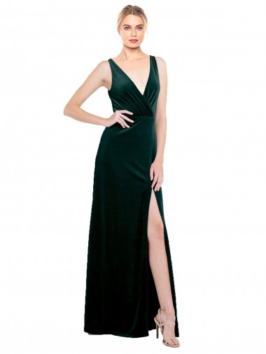 V-Back Dark Green A-Line V-Neck Long Black Tie Evening Dress Canada Online