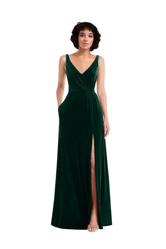 V-Back Dark Green A-Line V-Neck Long Evening Gown Canada Online