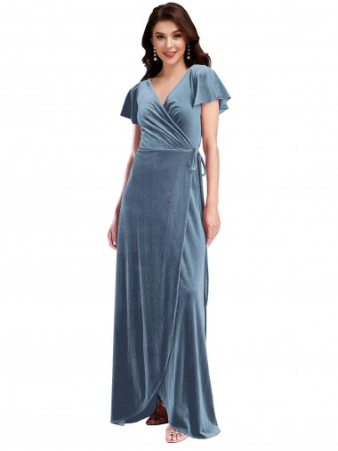 Dusty Blue A-Line V-Neck Long Black Tie Evening Dress Canada Online