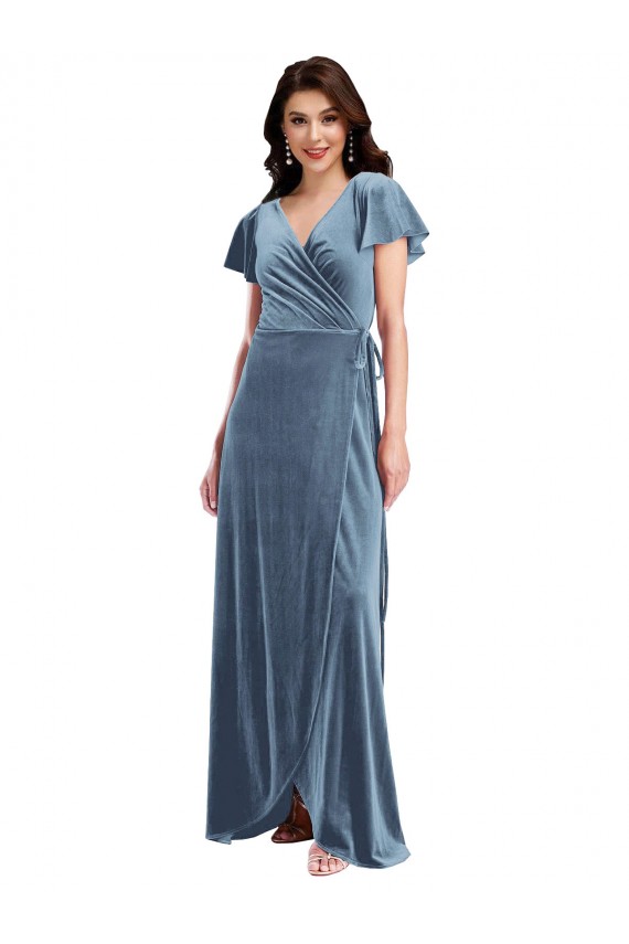 Dusty Blue A-Line V-Neck Long Black Tie Evening Dress Canada Online