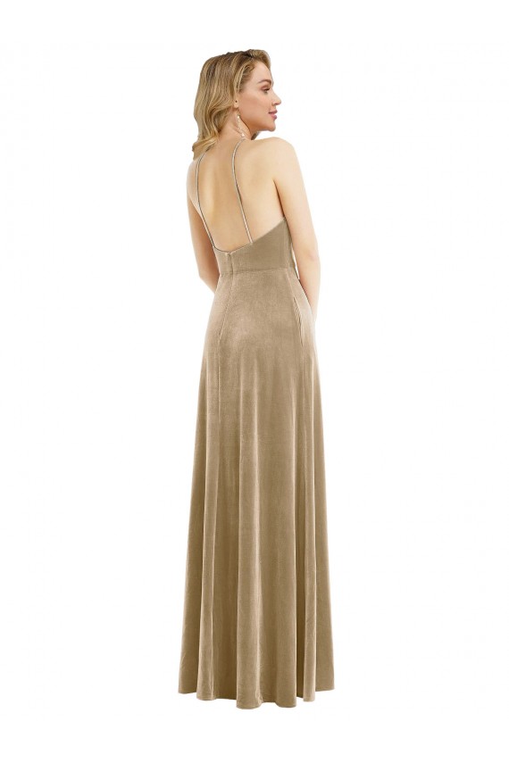 Open Back Champagne A-Line High Neck Long Semi Formal Evening Dress Canada Online